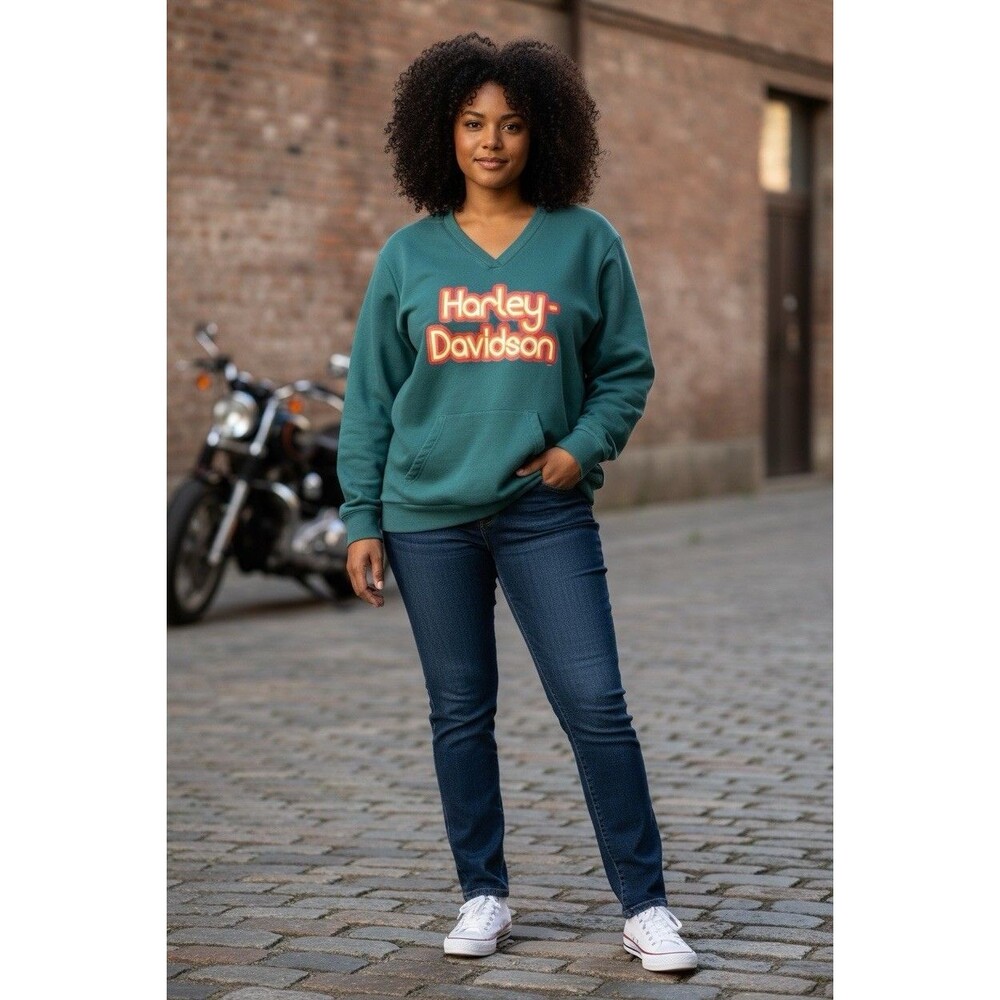 Harley Davison V-neck Pullover Hoodie Womrns Teal Size 1X Sweatshirt Soaring